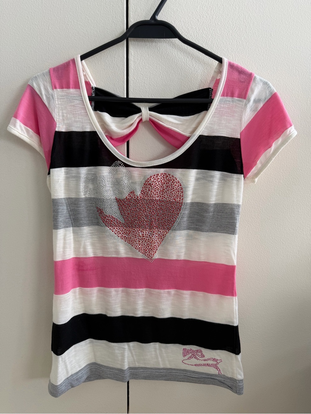 Women’s Striped Pink, White & Black Short Sleeve Tee with Heart Detail